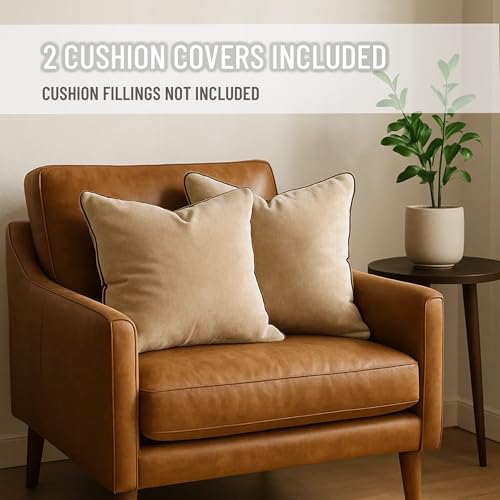 Blau Marité 2 Pack Velvet Decorative Throw Pillow Covers, 18"x18", Beige and Brown, Solid, Modern, Contrast Piping, Indoor Use, Bedroom & Living Room - Image 5