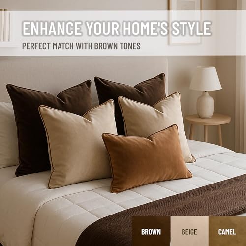 Blau Marité 2 Pack Velvet Decorative Throw Pillow Covers, 18"x18", Beige and Brown, Solid, Modern, Contrast Piping, Indoor Use, Bedroom & Living Room - Image 4