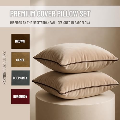 Blau Marité 2 Pack Velvet Decorative Throw Pillow Covers, 18"x18", Beige and Brown, Solid, Modern, Contrast Piping, Indoor Use, Bedroom & Living Room - Image 2