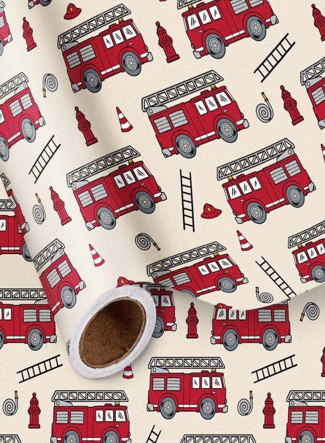 LeZakaa Kids Wrapping Paper Roll – Fire Truck & Firefighter Theme with Ladder and Hydrant Design – Mini Roll 17 in x 16.4 Ft Gift Wrap for Boys Birthday, Party, Baby Shower - Image 1