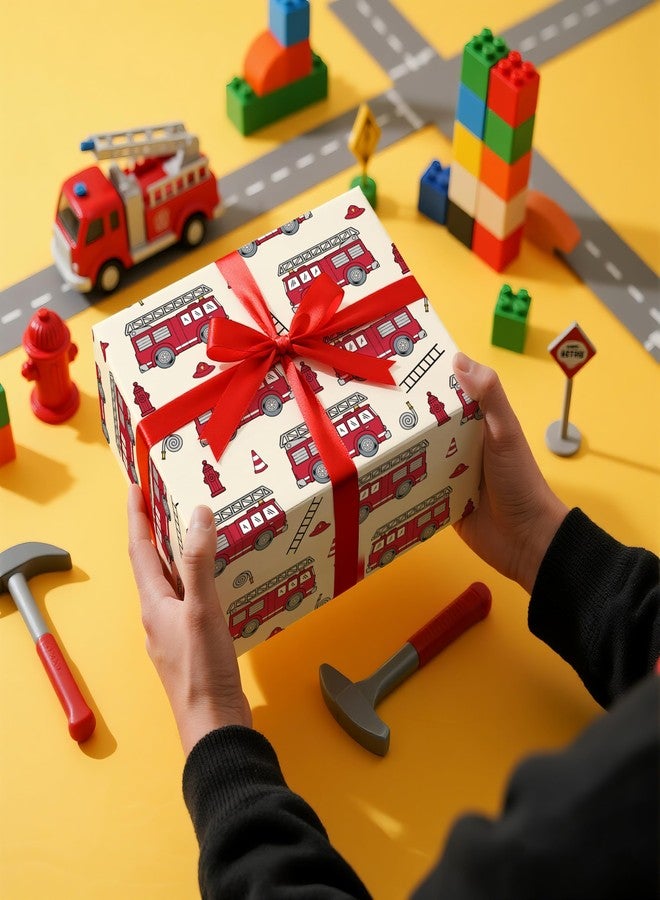 LeZakaa Kids Wrapping Paper Roll – Fire Truck & Firefighter Theme with Ladder and Hydrant Design – Mini Roll 17 in x 16.4 Ft Gift Wrap for Boys Birthday, Party, Baby Shower - Image 2
