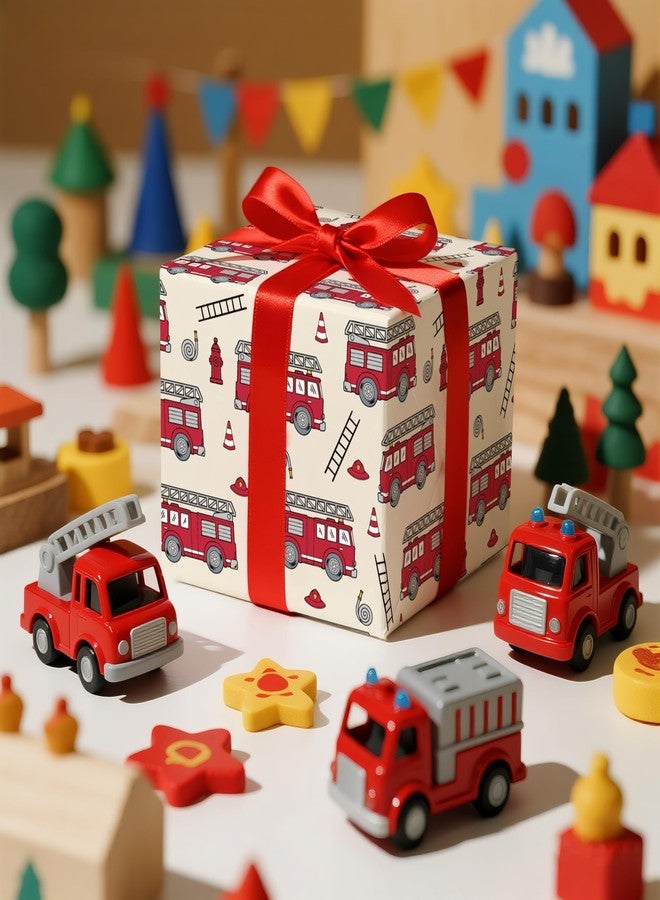 LeZakaa Kids Wrapping Paper Roll – Fire Truck & Firefighter Theme with Ladder and Hydrant Design – Mini Roll 17 in x 16.4 Ft Gift Wrap for Boys Birthday, Party, Baby Shower - Image 3