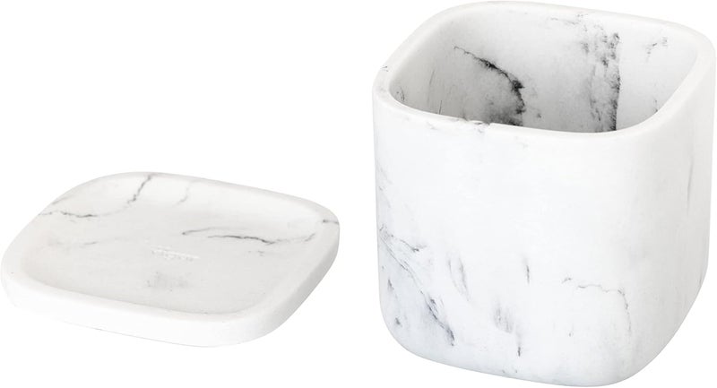Vigar Vigar Zense White Marble Square Decorative Containers with Lids Bathroom Storage Containers for Cotton Balls Cotton Buds Hair Product Round Cotton Pads Fine Polyresin Stone  - Image 3
