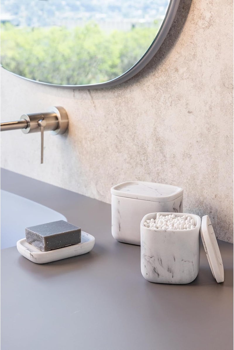 Vigar Vigar Zense White Marble Square Decorative Containers with Lids Bathroom Storage Containers for Cotton Balls Cotton Buds Hair Product Round Cotton Pads Fine Polyresin Stone  - Image 2