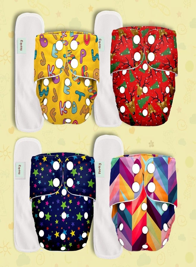 Deedry Oeko-Tex Certified Baby Cloth Diapers Washable & Reusable Diapers with Adjustable Snap Buttons | 3 Months- 3 Years |(With 4 Inserts, Combo of 4) - Image 1