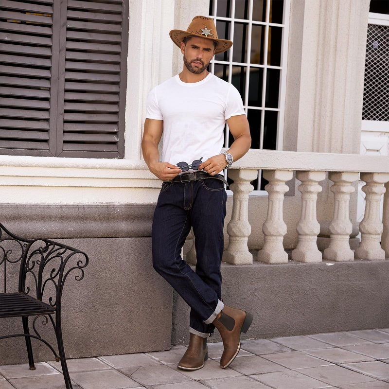 Choiran Western Cowboy Boots for Men - Mens Square Toe Chelsea Boots Ankle Cowboy Boots for Men Casual Retro Stylish Boots Brown - Image 2