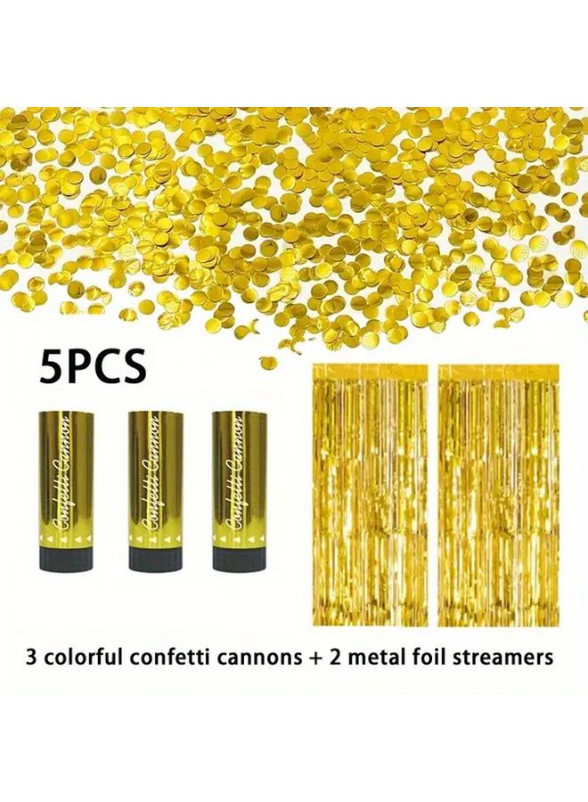 5 Pcs Set Metallic Streamer And Confetti Cannon With 3 Confetti Cannons And 2 Golden Streamers Non Pressure Spring For Easy Use For Birthday Anniversaries Weddings Gender Reveal Party Decorations - Image 1