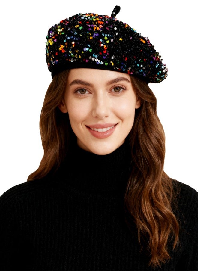 Caviotess Sparkly Sequin Beret for Women Glitter Velvet Beanie French Beret Hats Adjustable Painter Cap Fall Winter Hat - Image 3