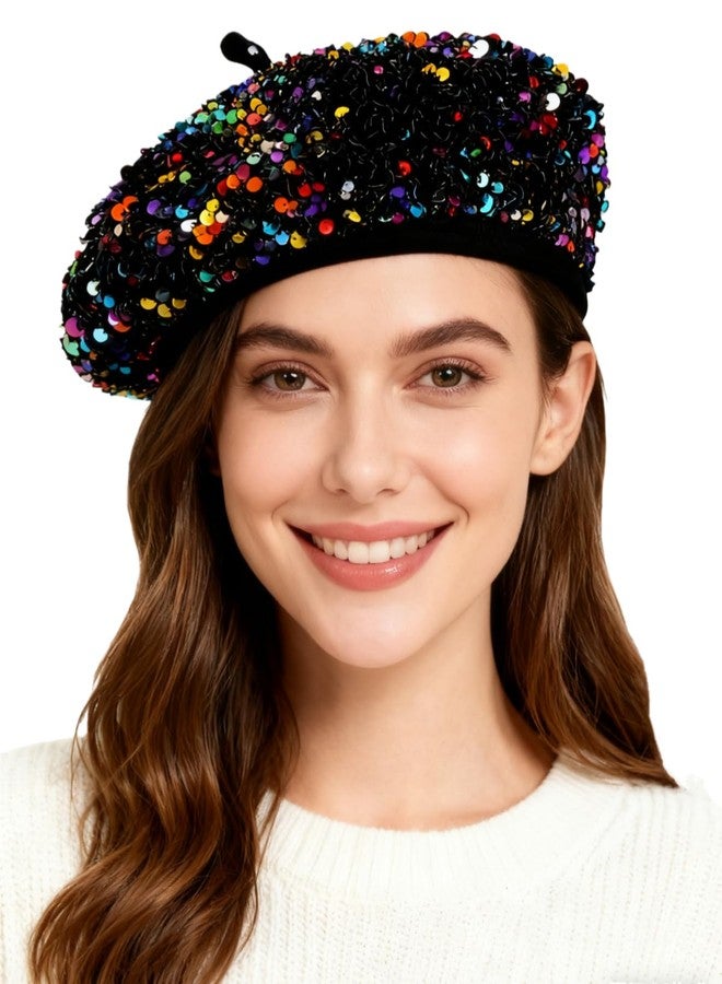 Caviotess Sparkly Sequin Beret for Women Glitter Velvet Beanie French Beret Hats Adjustable Painter Cap Fall Winter Hat - Image 1