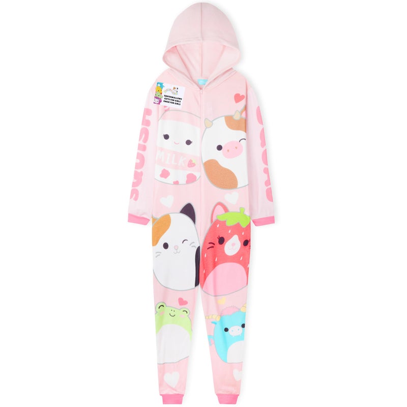 Squishmallows One-Piece Pajamas for Girls, Teens, 5â€“14 Years, Hooded Fleece Jumpsuit, Loungewear PJs, for Girls (11-12 Years, Pink) - Image 1
