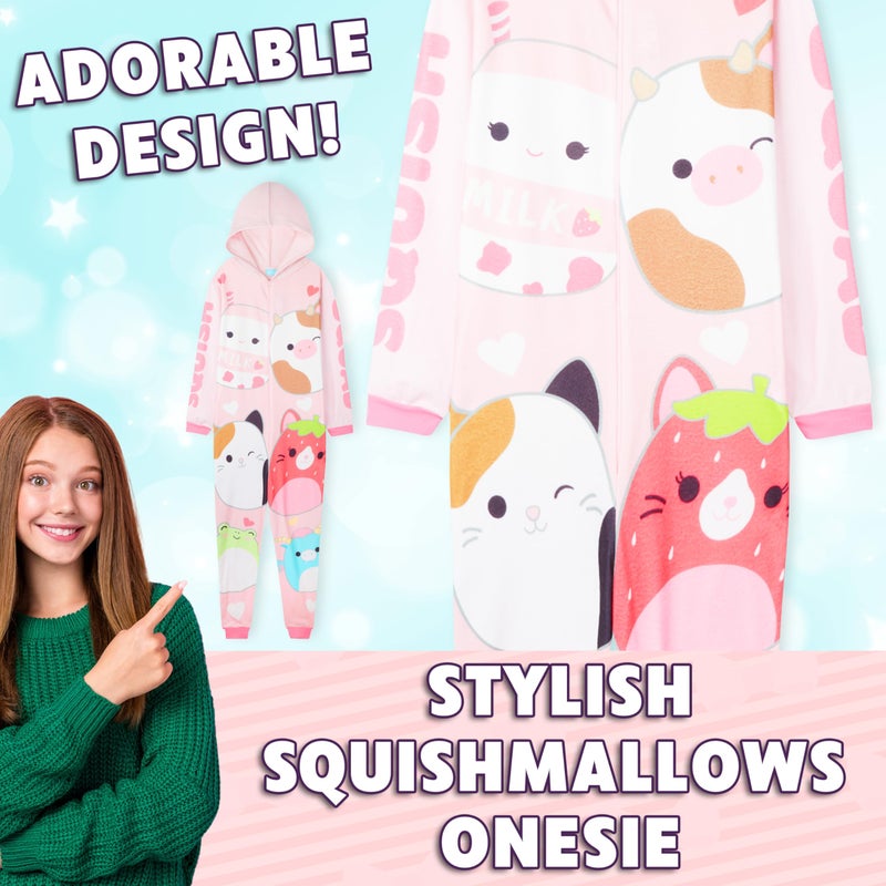 Squishmallows One-Piece Pajamas for Girls, Teens, 5â€“14 Years, Hooded Fleece Jumpsuit, Loungewear PJs, for Girls (11-12 Years, Pink) - Image 3