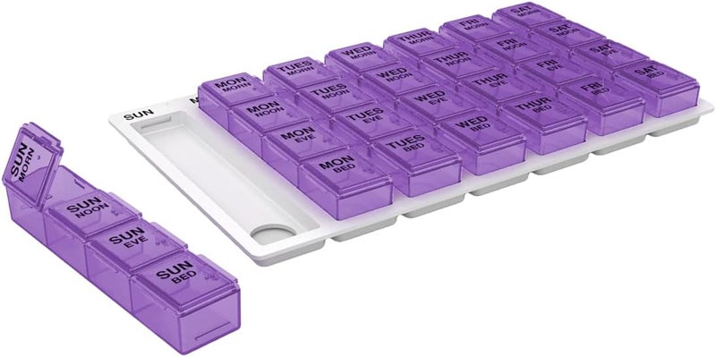 Ezy Dose EZY DOSE Weekly (7-Day) Pill Case, Medicine Planner, Vitamin Organizer Box, Medium Pop-Out Compartments, 4 Times a Day, Easy to Use, Colors May Vary, BPA Free 