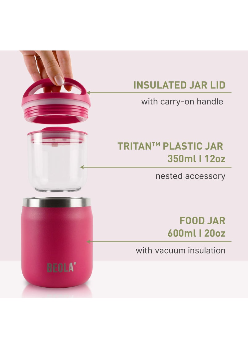 BEOLA 600ml Food Jar Lunch Box Food Thermos Stainless Steel Double Wall Insulated Travel Food Flask with Snack Tritan Container for Kids, Adults, 20oz (Raspberry)  - Image 2