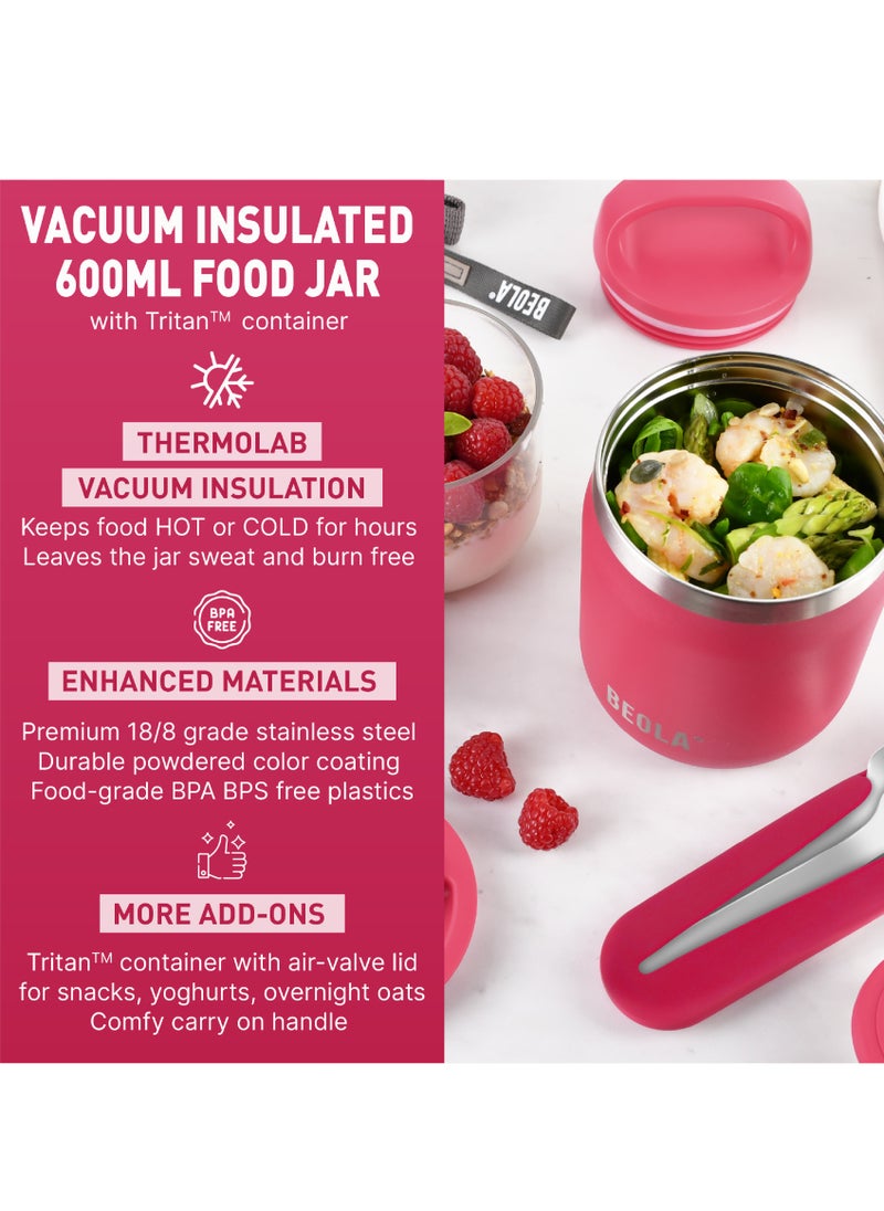 BEOLA 600ml Food Jar Lunch Box Food Thermos Stainless Steel Double Wall Insulated Travel Food Flask with Snack Tritan Container for Kids, Adults, 20oz (Raspberry)  - Image 4