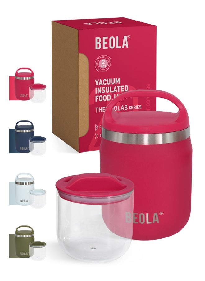 BEOLA 600ml Food Jar Lunch Box Food Thermos Stainless Steel Double Wall Insulated Travel Food Flask with Snack Tritan Container for Kids, Adults, 20oz (Raspberry)  - Image 1