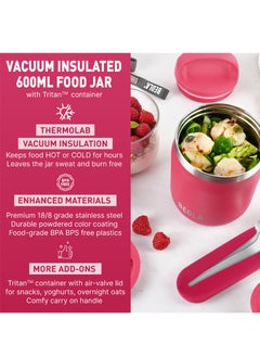 BEOLA 600ml Food Jar Lunch Box Food Thermos Stainless Steel Double Wall Insulated Travel Food Flask with Snack Tritan Container for Kids, Adults, 20oz (Raspberry)  - Image 4