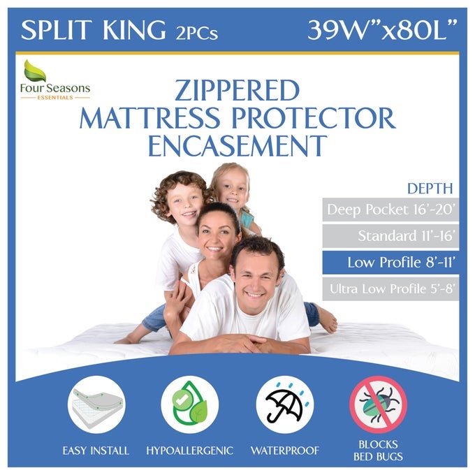SPLIT CALIFORNIA KING 2PC MATTRESS OR BOX SPRING ENCASEMENT 811 DEPTH WATERPROOF ZIPPERED PROTECTOR HYPOALLERGENIC PREMIUM BEDBUG COVER PROTECTS FROM DUST WHITE