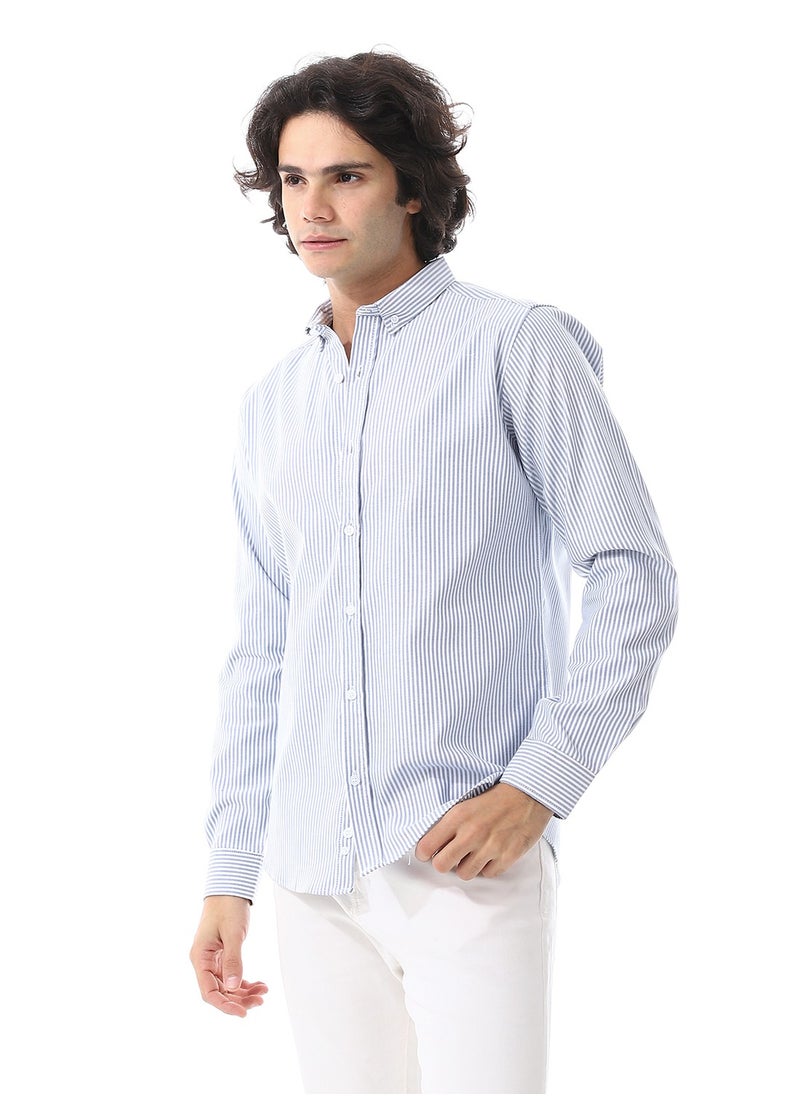 Andora - Candy Stripes Pattern Turn Down Collar Oxford Shirt_ White & Royal Blue - Image 1