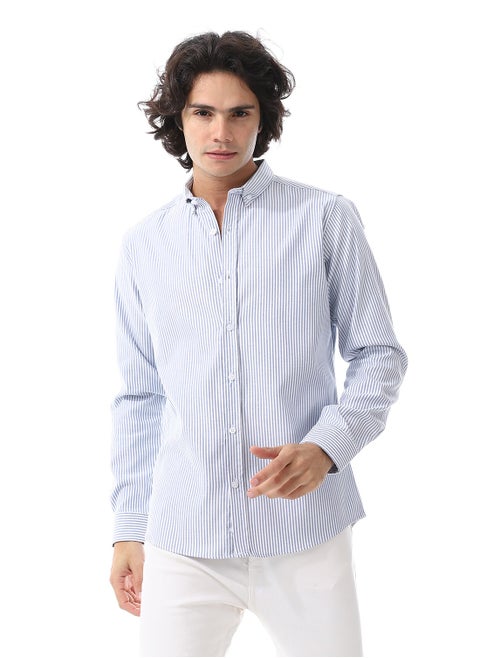 Candy Stripes Pattern Turn Down Collar Oxford Shirt_ White & Royal Blue