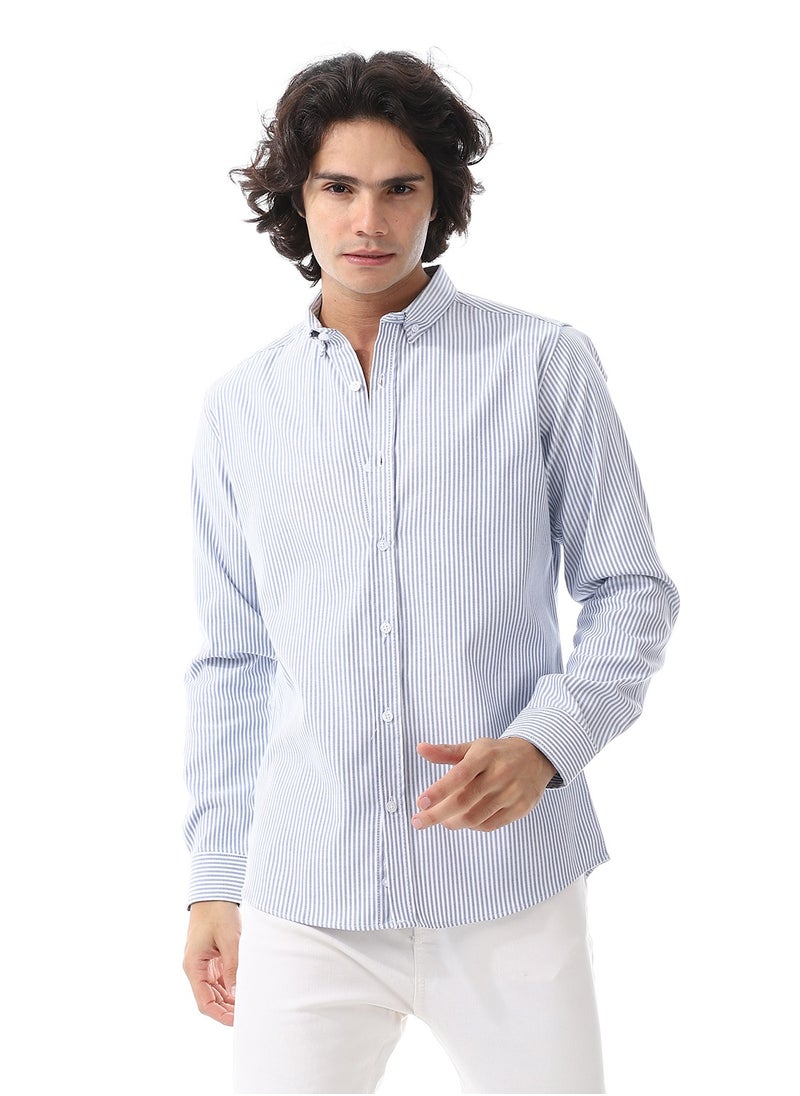 Andora - Candy Stripes Pattern Turn Down Collar Oxford Shirt_ White & Royal Blue - Image 1