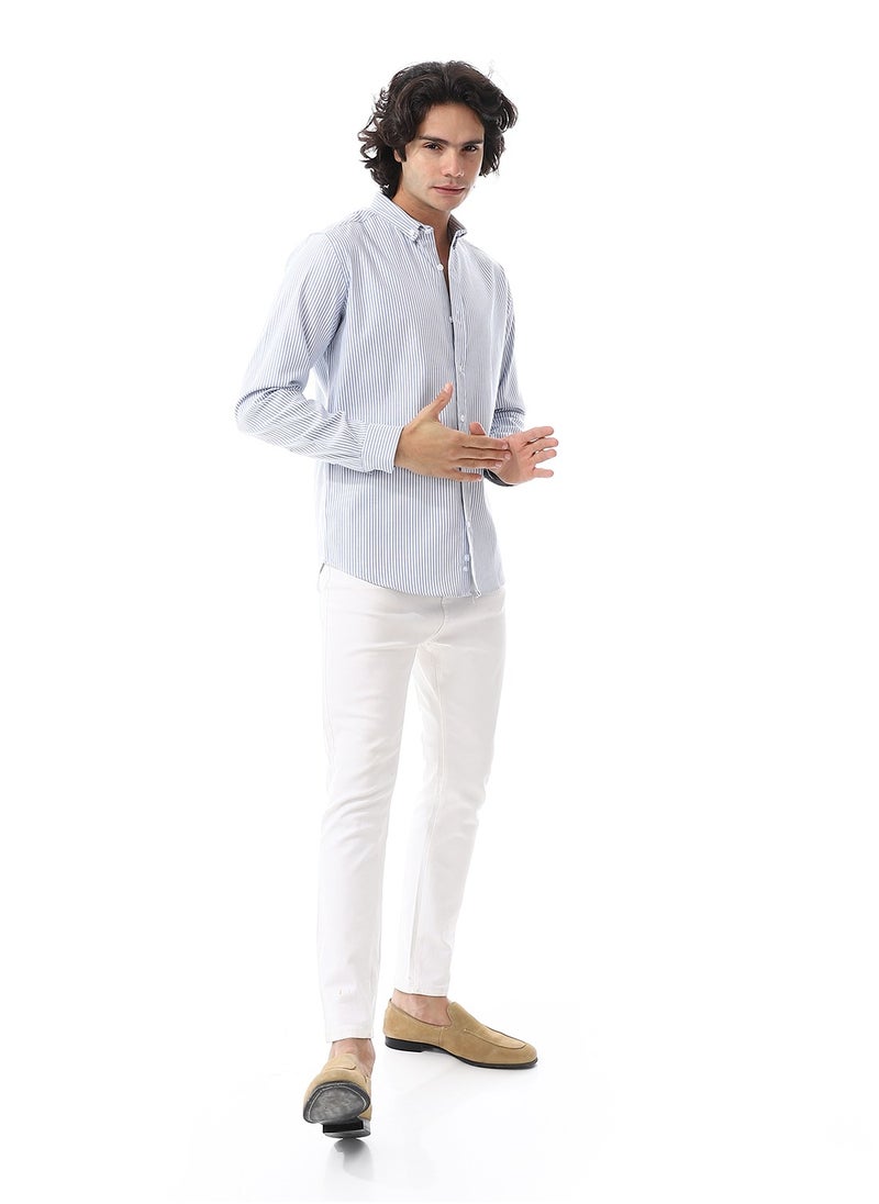 Andora - Candy Stripes Pattern Turn Down Collar Oxford Shirt_ White & Royal Blue - Image 1
