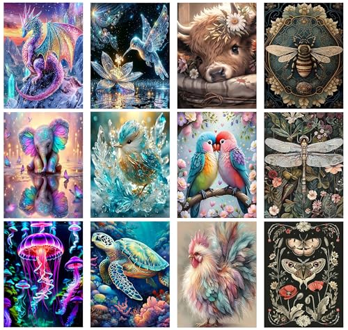 Meothan Multipack Diamond Art Kits for Adults 12 Pack Animals Diamond Painting Kits for Adults 5D DIY Round Dimond Gem Art Packs of 12 Home Decor Gift 12x16inch - Image 1