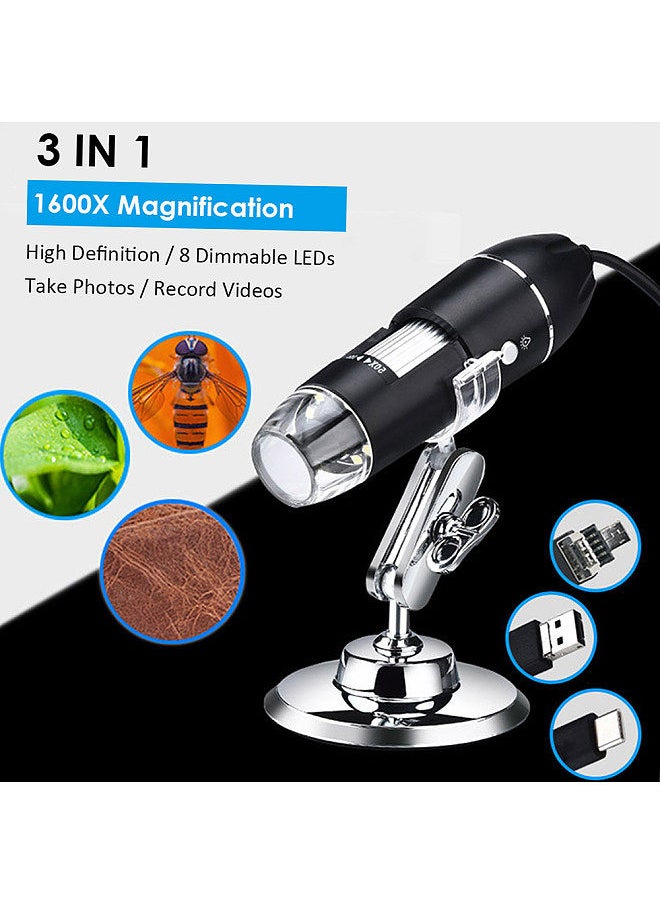 Generic - 3 In 1 USB & MICRO USB &Type-C Digital Microscope 1600X Magnification Camera 8 LEDs with Stand - Image 1
