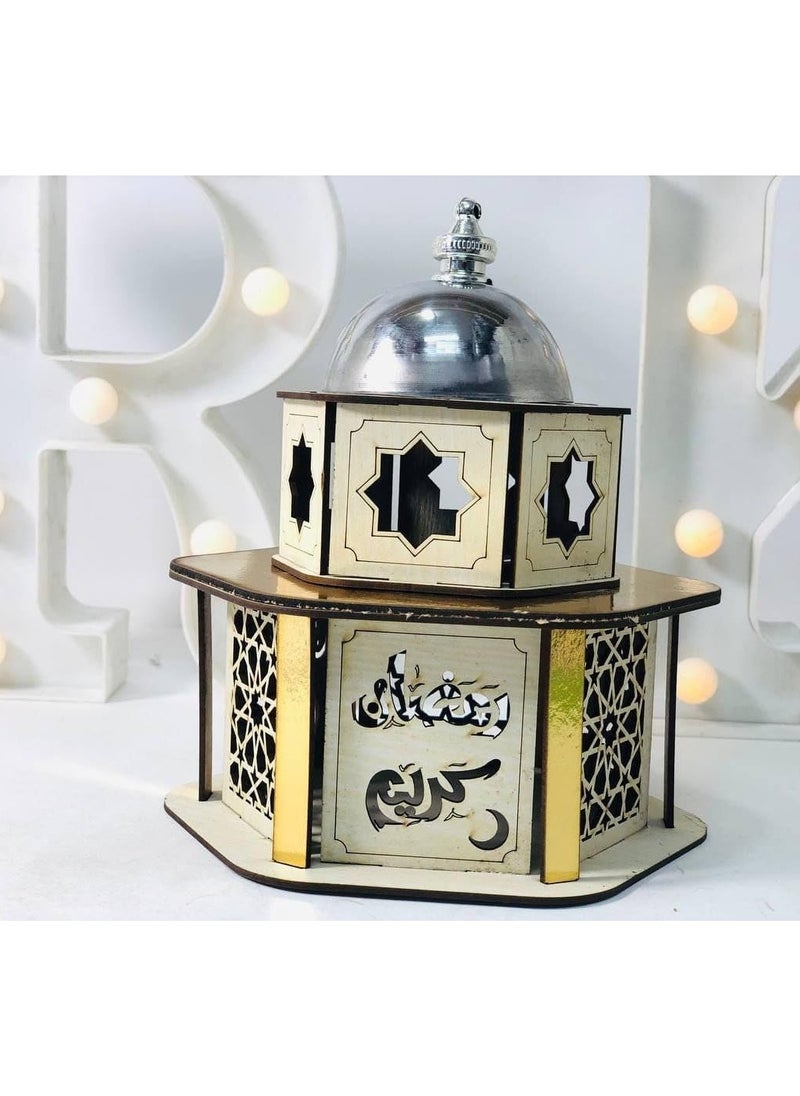 A box for loving each other for home decor for Ramadan + 5 pieces (wooden Kaaba lantern + Dome of the Rock incense burner + LED branch for Ramadan decorations - 8 meters - with lighting in multiple colors, + 2 branches for Ramadan decorations for hanging made of Khayameya fabric, 5 meters)