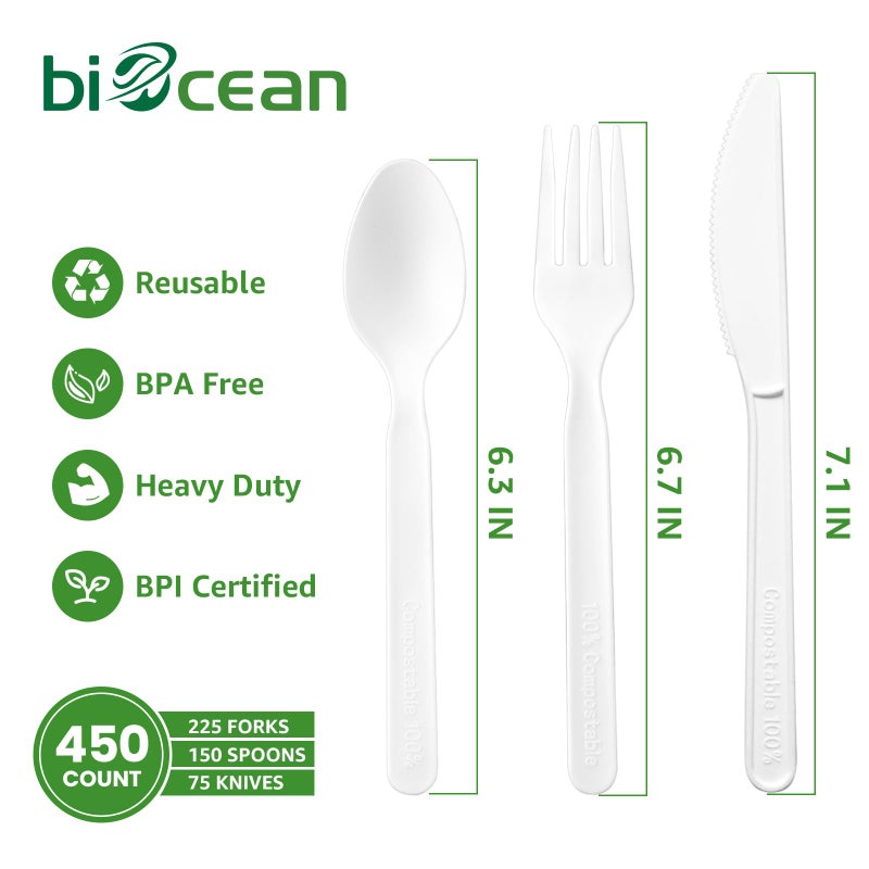 biocean Biocean 450 Counts Compostable Forks Spoons Knives Set Disposable Forks Utensils Heavy Duty Knives Silverware Eco Friendly Flatware for Party Camping Picnics Wedding-Ivory White  - Image 1