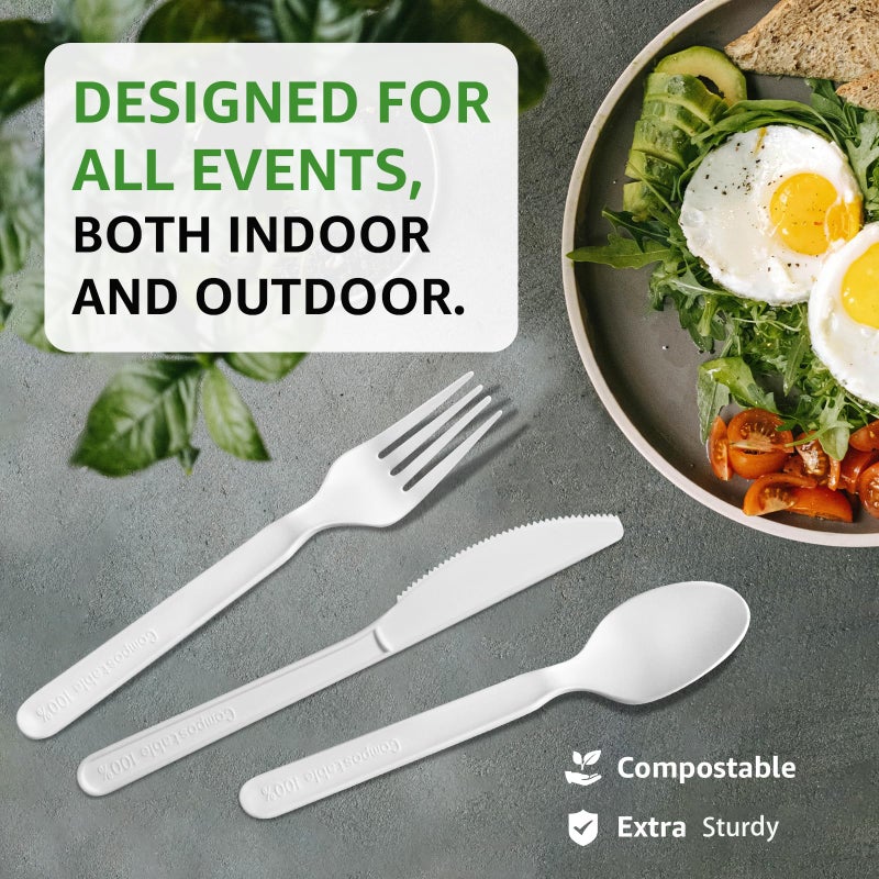 biocean Biocean 450 Counts Compostable Forks Spoons Knives Set Disposable Forks Utensils Heavy Duty Knives Silverware Eco Friendly Flatware for Party Camping Picnics Wedding-Ivory White  - Image 3
