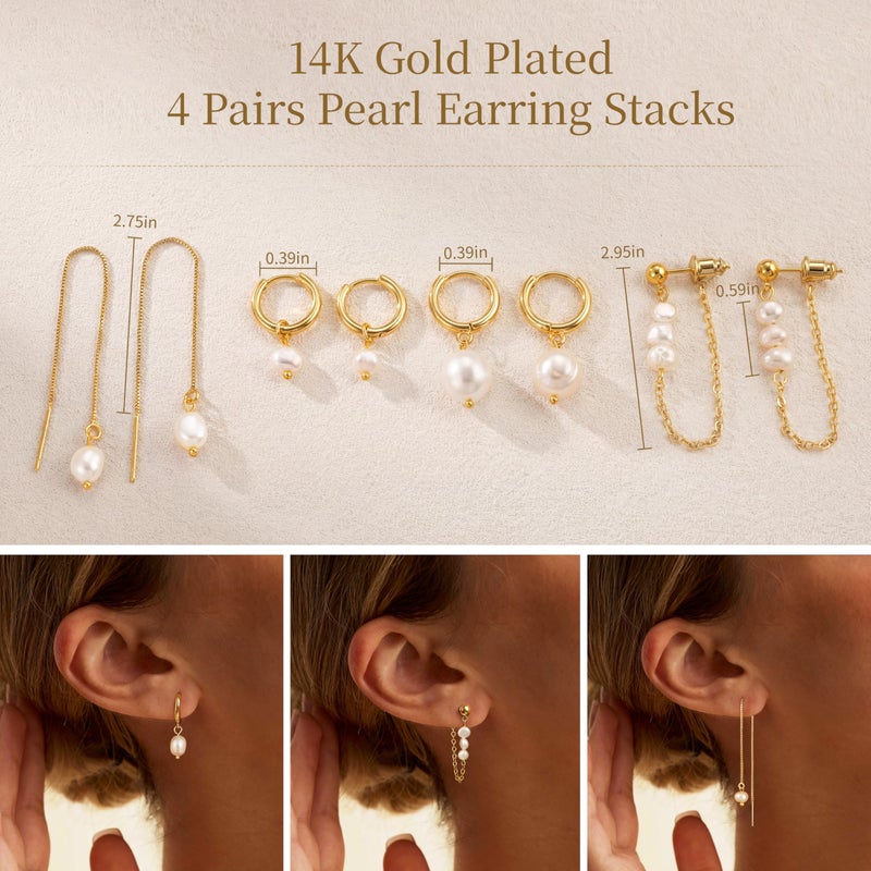 Moodear Gold Earrings for Women Trendy â€“ Dainty 14K Gold Plated Pearl Earring Stacks, Small Hypoallergenic Drop Dangle Huggie Hoop Earrings No Tarnish Trendy Jewelry Gift - Image 4