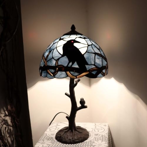 Bieye L10956 Raven Sitting on Bare Tree Branch in Full Moon Night Tiffany Style Stained Glass Table Lamp for Home Decor (Dark Blue, 12Wx20H) - Image 3