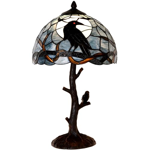 Bieye L10956 Raven Sitting on Bare Tree Branch in Full Moon Night Tiffany Style Stained Glass Table Lamp for Home Decor (Dark Blue, 12Wx20H) - Image 1