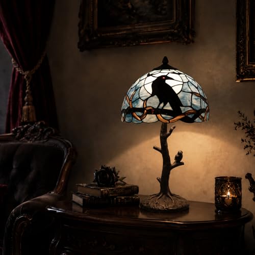 Bieye L10956 Raven Sitting on Bare Tree Branch in Full Moon Night Tiffany Style Stained Glass Table Lamp for Home Decor (Dark Blue, 12Wx20H) - Image 2