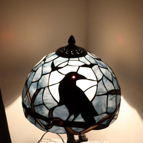 Bieye L10956 Raven Sitting on Bare Tree Branch in Full Moon Night Tiffany Style Stained Glass Table Lamp for Home Decor (Dark Blue, 12Wx20H) - Image 4