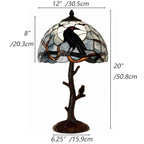 Bieye L10956 Raven Sitting on Bare Tree Branch in Full Moon Night Tiffany Style Stained Glass Table Lamp for Home Decor (Dark Blue, 12Wx20H) - Image 5