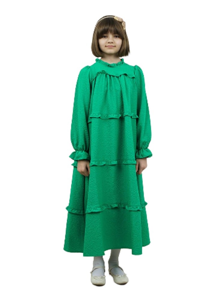 Lamora Young Girls Long-Sleeved Elastic Loose-Fitting Wide Cut Layered Frilled Maxi Dress with Round Neck Layered Details, for Summer - Green - Image 1