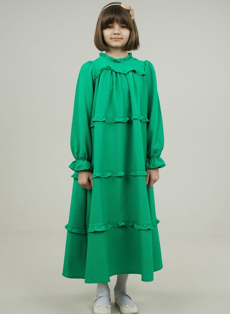Lamora Young Girls Long-Sleeved Elastic Loose-Fitting Wide Cut Layered Frilled Maxi Dress with Round Neck Layered Details, for Summer - Green - Image 2