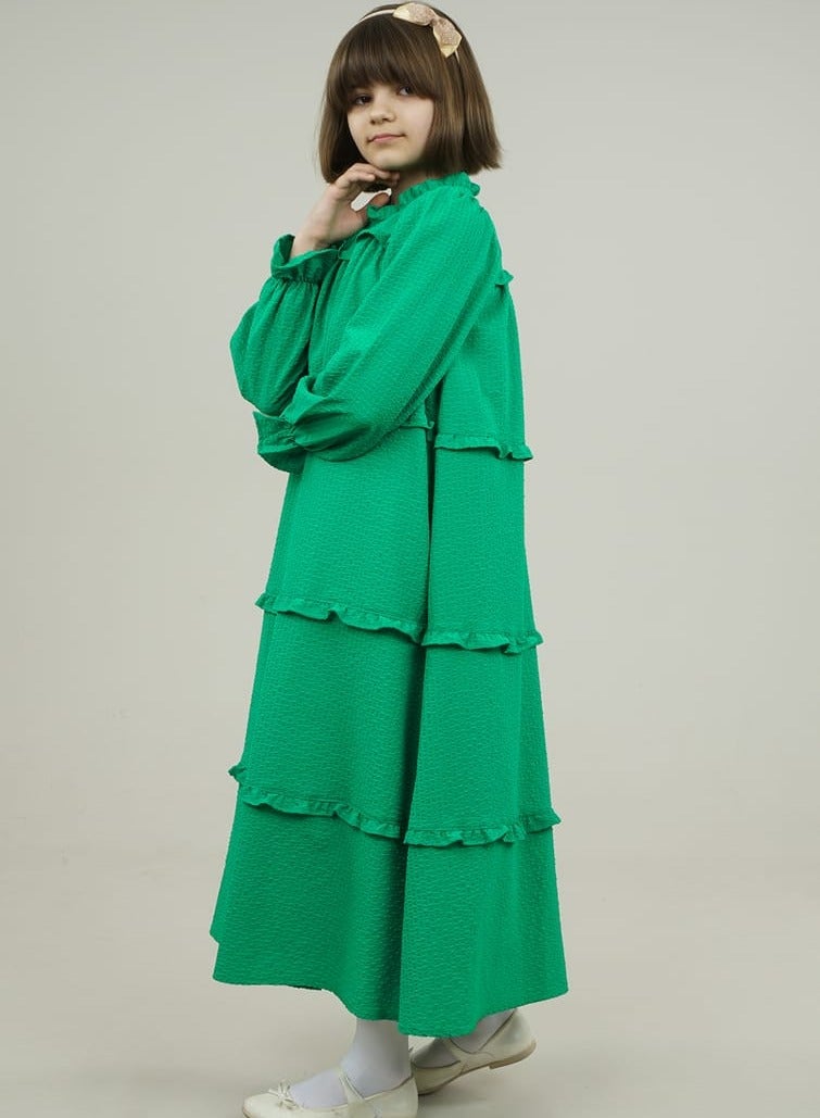 Lamora Young Girls Long-Sleeved Elastic Loose-Fitting Wide Cut Layered Frilled Maxi Dress with Round Neck Layered Details, for Summer - Green - Image 3