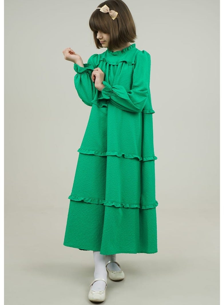 Lamora Young Girls Long-Sleeved Elastic Loose-Fitting Wide Cut Layered Frilled Maxi Dress with Round Neck Layered Details, for Summer - Green - Image 4