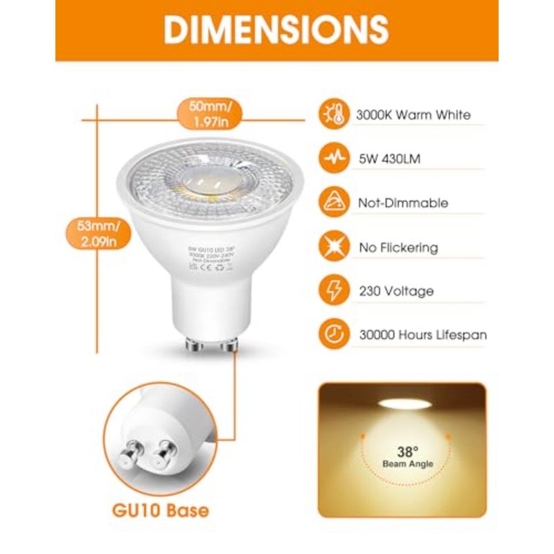 مصابيح LED بيضاء دافئة GU10، مصباح سبوت LED مصباح أبيض دافئ 5 وات 3000 كلفن 500 لومن مصباح هالوجين مستبدل 50 وات، منتج زاوية شعاع 36 درجة، LED غير خافت، 6 قطع - Image 2