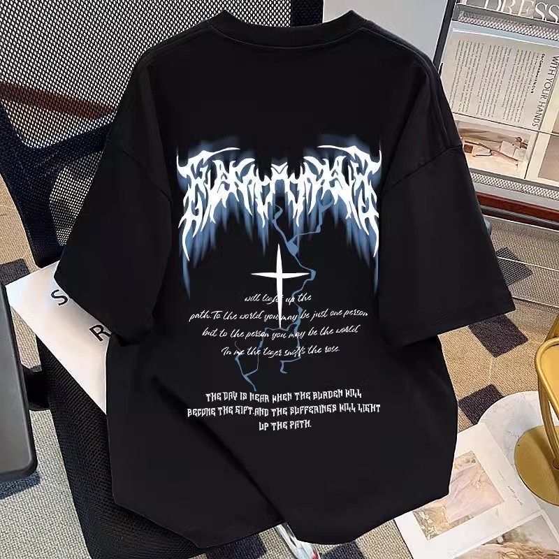 American high street lightning print short-sleeved T-shirt for men and women in summer pure cotton oversize loose trendy casual top - Image 2