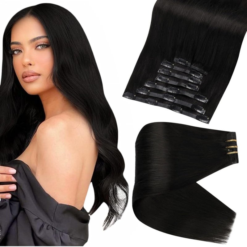Full Shine Black Clip in Hair Extensions 18 Inch Seamless Clip ins Extensions Real Human Hair Black Straight Invisible Clip ins Hair with PU Weft Softness 8 PCS 120 Grams