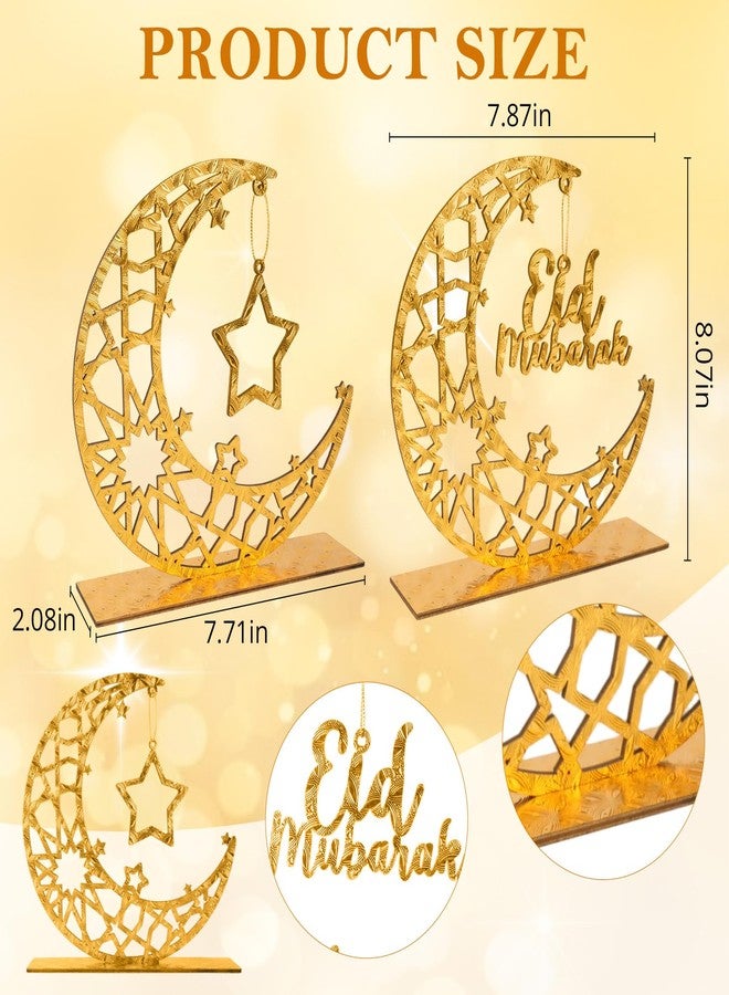 Joyhawk Ramadan Decorations Islamic, 2-Piece Golden Wooden Eid Mubarak Table Sign with Hollow Moon & Star, Muslim Home Party Decor for Ramadan Eid Gift, 8x7.67 Inch - Image 2