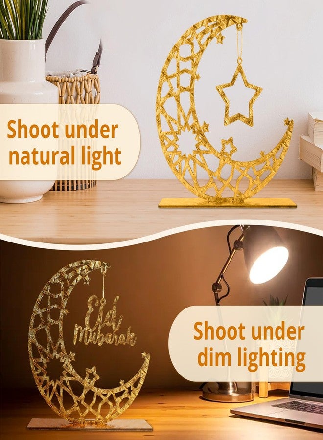 Joyhawk Ramadan Decorations Islamic, 2-Piece Golden Wooden Eid Mubarak Table Sign with Hollow Moon & Star, Muslim Home Party Decor for Ramadan Eid Gift, 8x7.67 Inch - Image 3