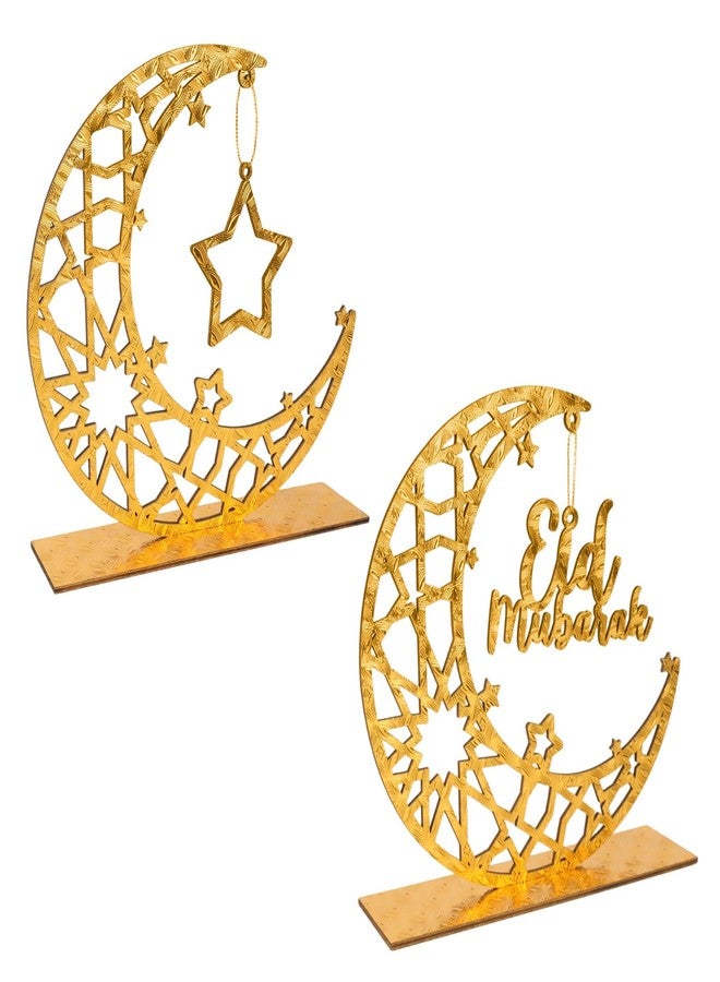 Joyhawk Ramadan Decorations Islamic, 2-Piece Golden Wooden Eid Mubarak Table Sign with Hollow Moon & Star, Muslim Home Party Decor for Ramadan Eid Gift, 8x7.67 Inch - Image 1