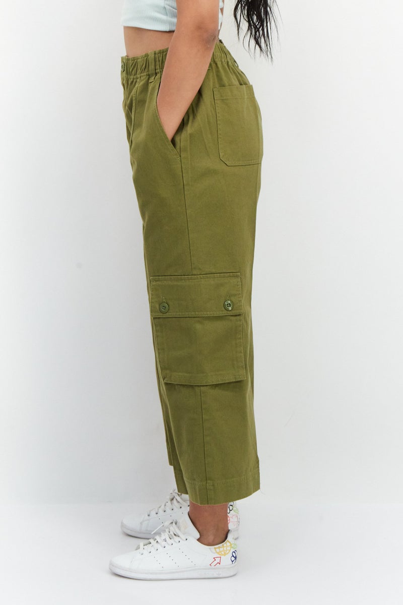 OBEY Women Regular Fit Wide Leg Plain Cropped Pants, Olive - Image 3