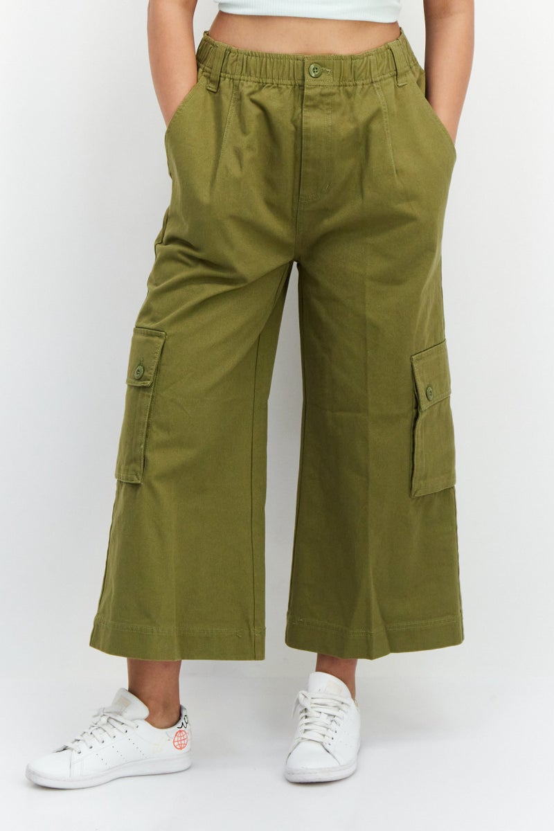 OBEY Women Regular Fit Wide Leg Plain Cropped Pants, Olive - Image 1