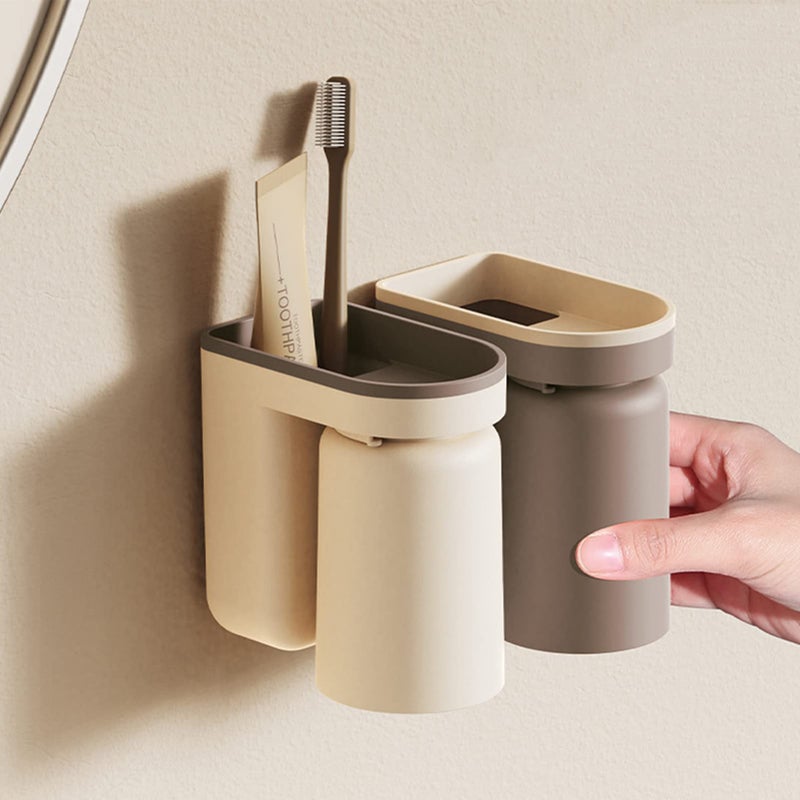 Toothbrush Holder with Gargle Cup for Lovers 2 Pcs MultiFunction Wall Storage Box Self Adhesive Couple Toothbrushes Toothpaste Holder Container Wall Mounted Toothbrush Holder Set for Bathroom Home