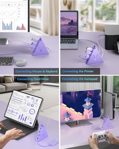 JoyReken 4-Port USB 3.0 Hub Tower with 2ft Cable - USB Splitter for Laptop,PC,PS4,PS5,Xbox,Mouse,Keyboard,Hard Drives,Mobile HDD(Light Purple) - Image 2